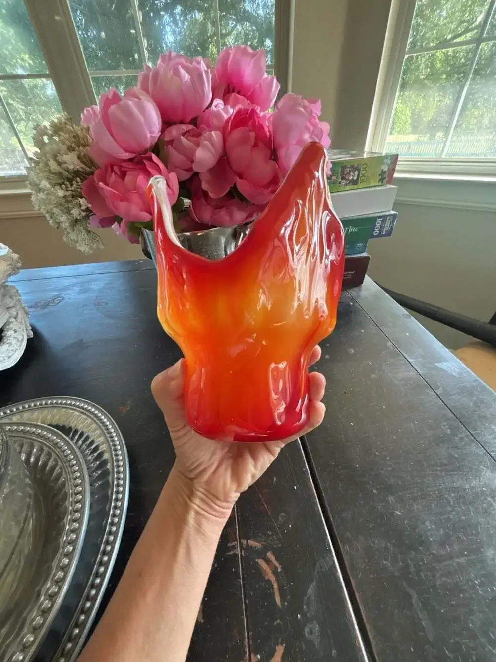 Vintage Kreiss Corp Japan Amberina Art Glass Flared Vase
